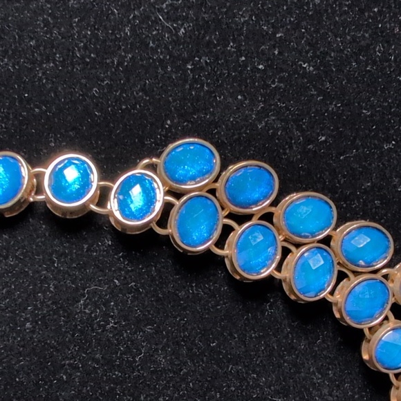 Bold Rich Blue Statement Bib Necklace Gold Tone Multi Stone Layered Choker - Picture 4 of 7